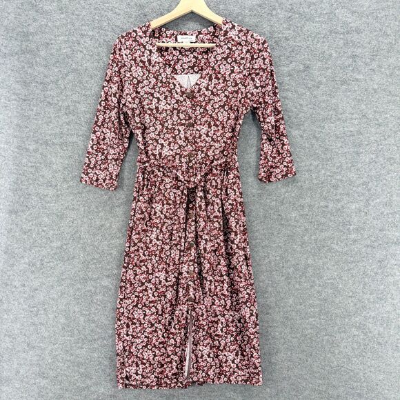 Monteau Dress Women L Large Brown Floral Sheath Midi V-Neck Belted 3/4 Sleeve - Picture 1 of 7
